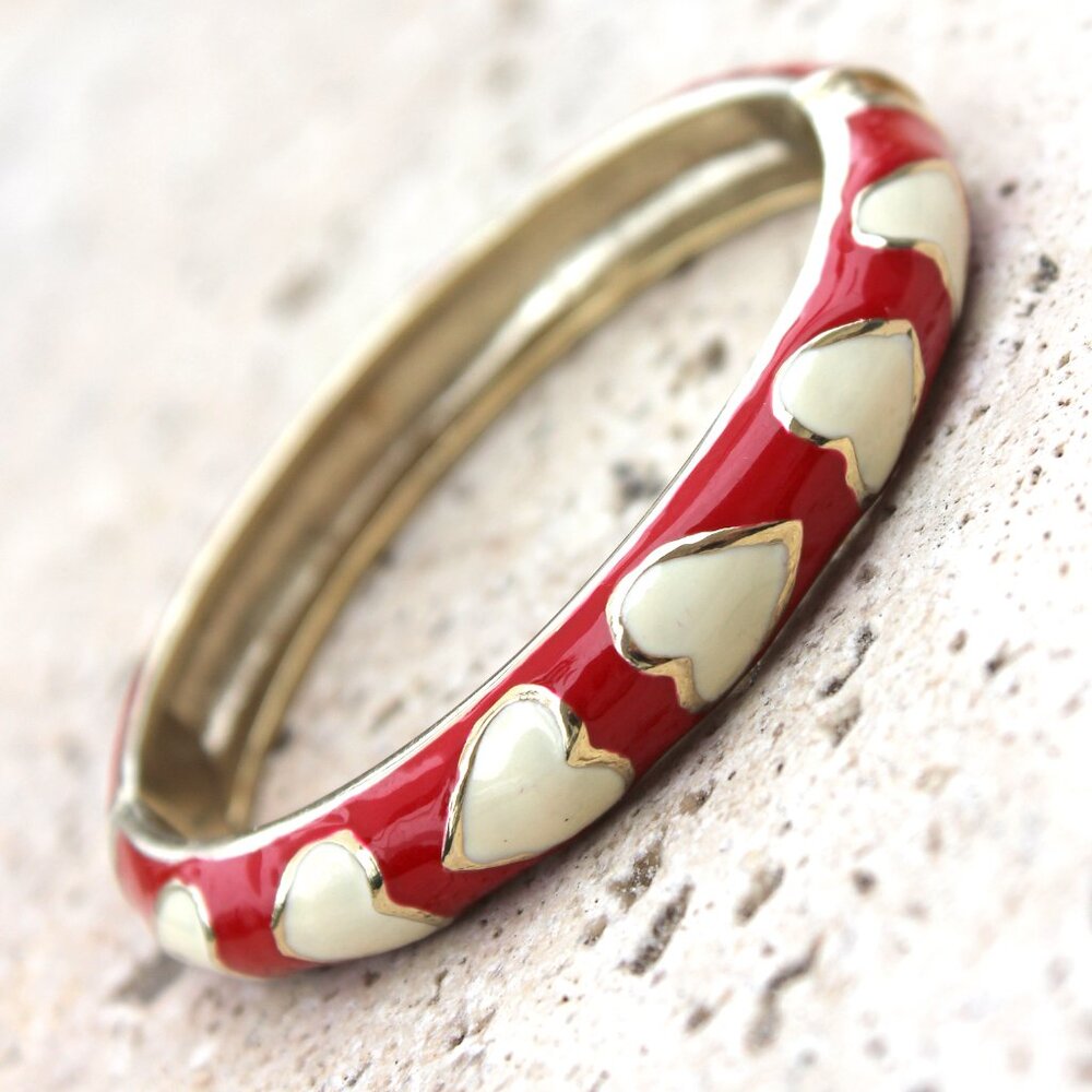 Red Enamel Heart Hinged Cuff Bracelet In Gold